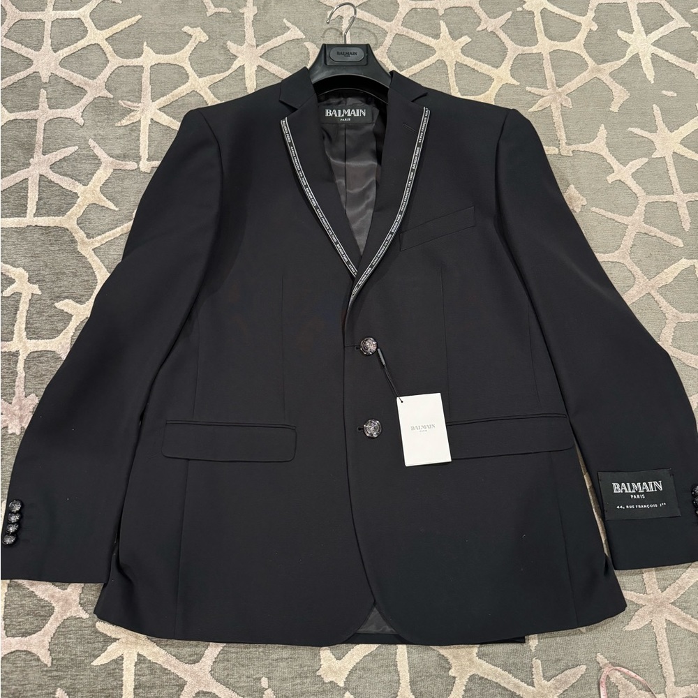 NWT BALMAIN mens Wool Black Sports Jacket/Blazer Slim Fit Sz 60 100% Authentic